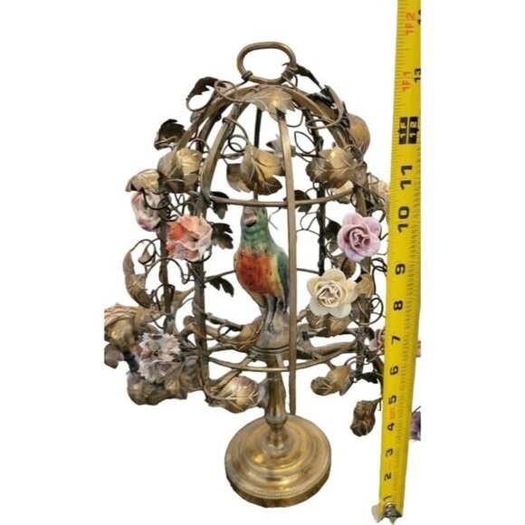 Antique French Tole 2 Arm Candelabra Bird Cage Lamp With Porcelain Flowers & Sil - Picture 5 of 6